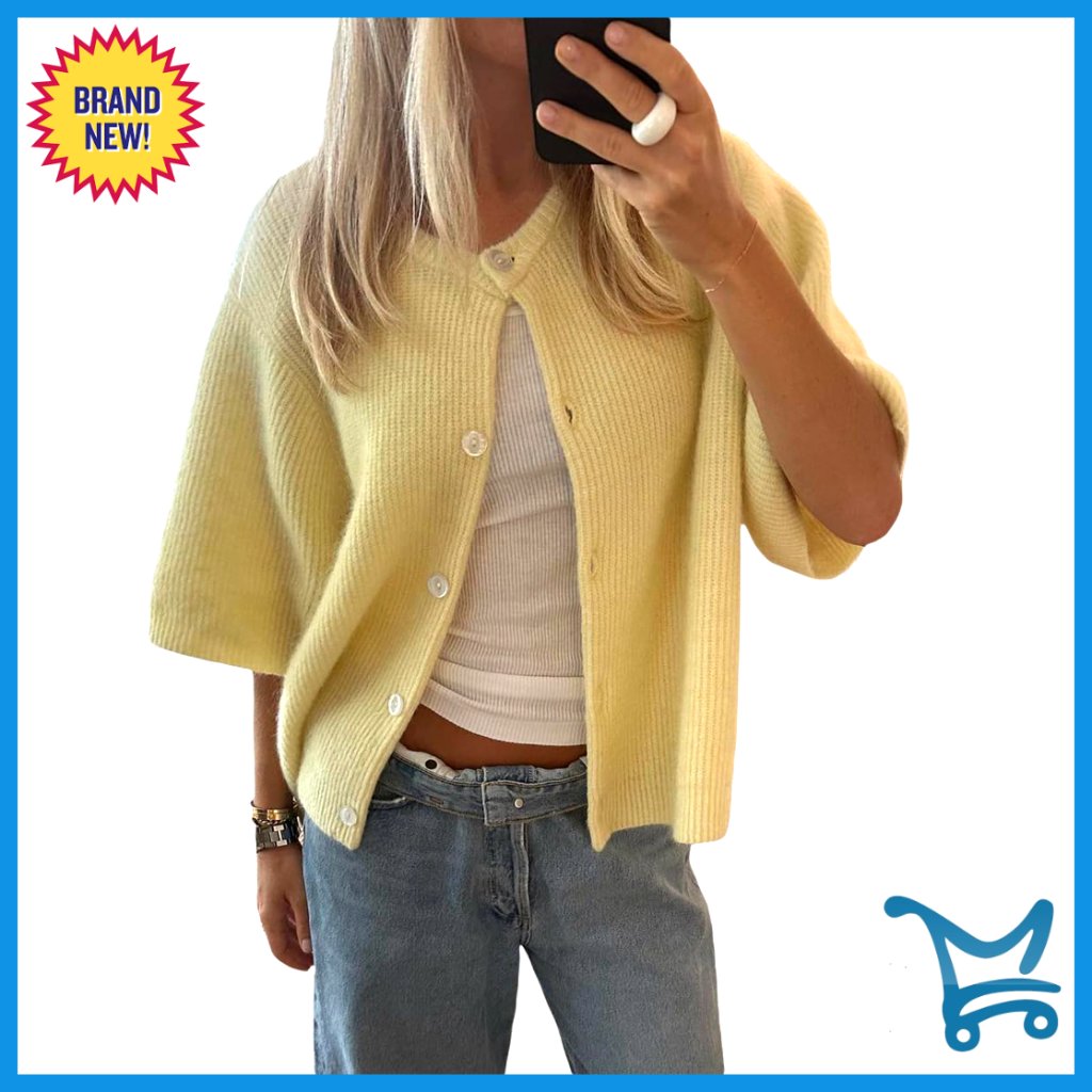 Short Sleeve Knit Cardigan Button Down Blouse Loose Fit Round Neck